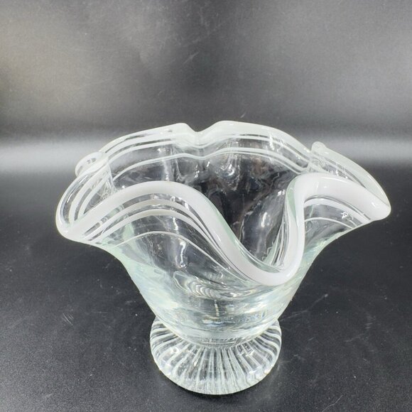 Vintage Glass Dish Bowl Clear White Ruffles Scroll Footed Base Candy Dish VTG - Picture 10 of 12
